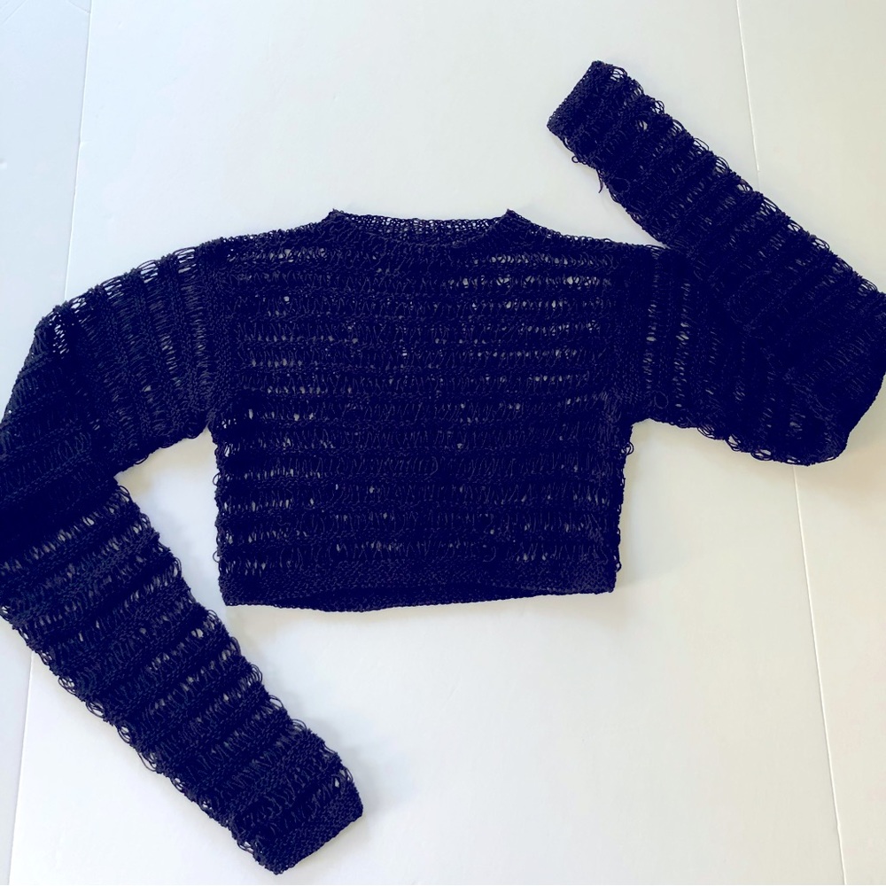 Deep black long sleeve crop top, sheer knit crew neck, perfect over camisoles